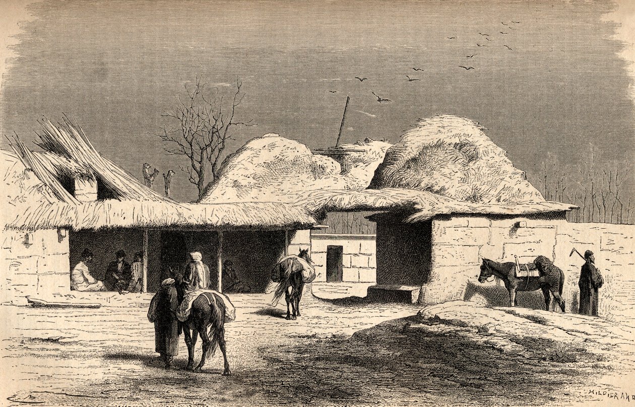 Caravanserai Tashkentissa, Uzbekistanissa, kuvitus teoksesta "Maailma käsissä", kaiverrettu Charles Laplante (k.1903), julkaistu 1878 (kaiverrus) tekijältä Emile Antoine Bayard