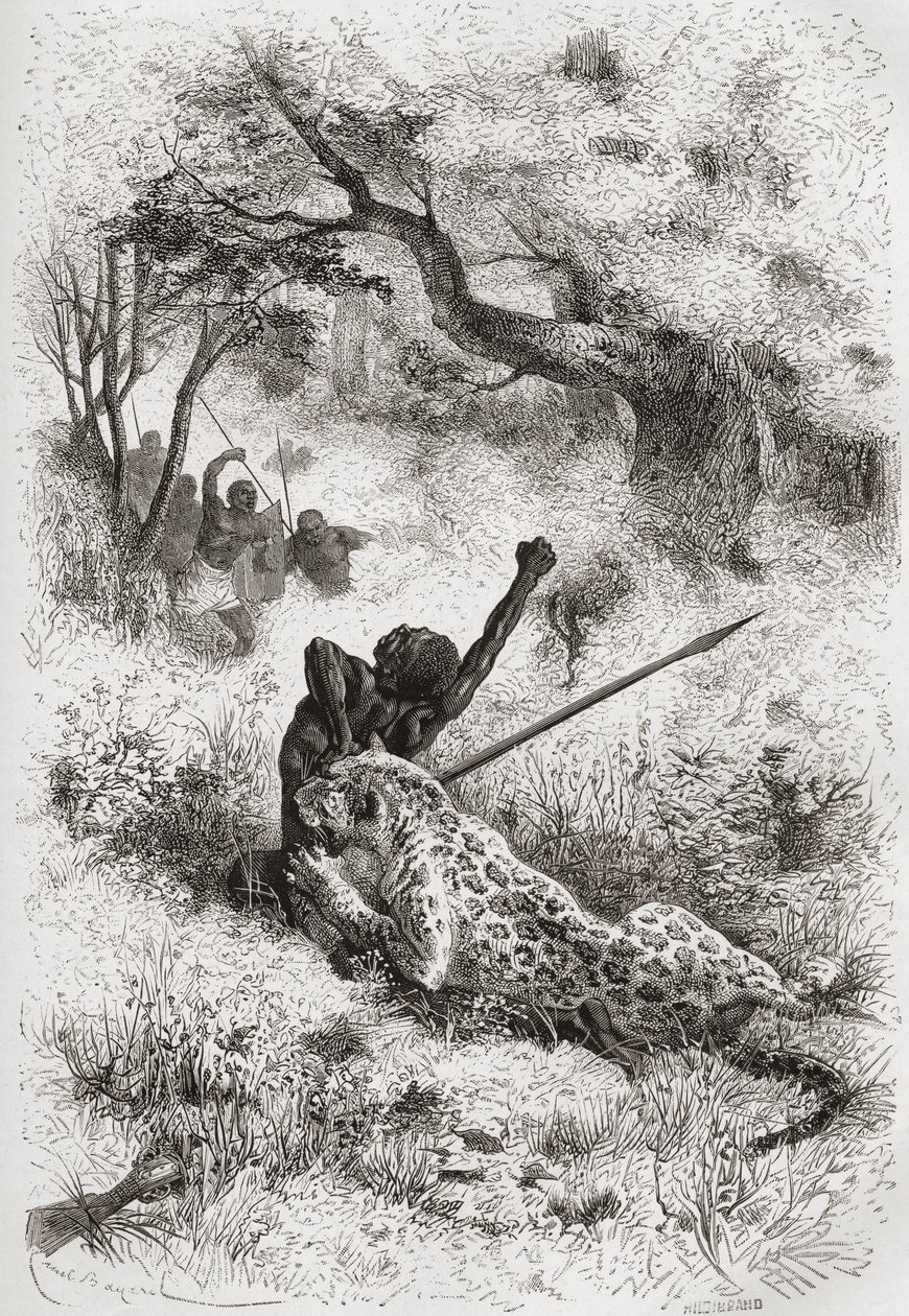 Leopardi hyökkäämässä afrikkalaista vastaan, piirros kirjasta "Maailma käsissä", kaiverrettu Henri Theophile Hildibrand (1824-97), julkaistu 1878 tekijältä Emile Antoine Bayard