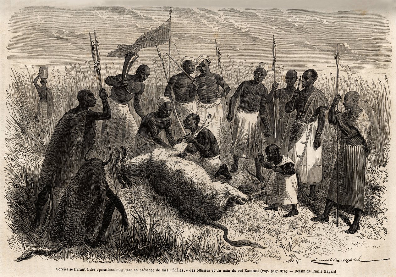 Noita tekee taianomaisia operaatioita teurastetulla naudanlihalla Ugandassa. Emile Bayardin (1837-1891) piirros kuvaa kapteeni Speken löytömatkaa Afrikassa vuosina 1860-1863. Kaiverrus "" Le tour du monde", toimittanut Edouard Charton tekijältä Emile Antoine Bayard