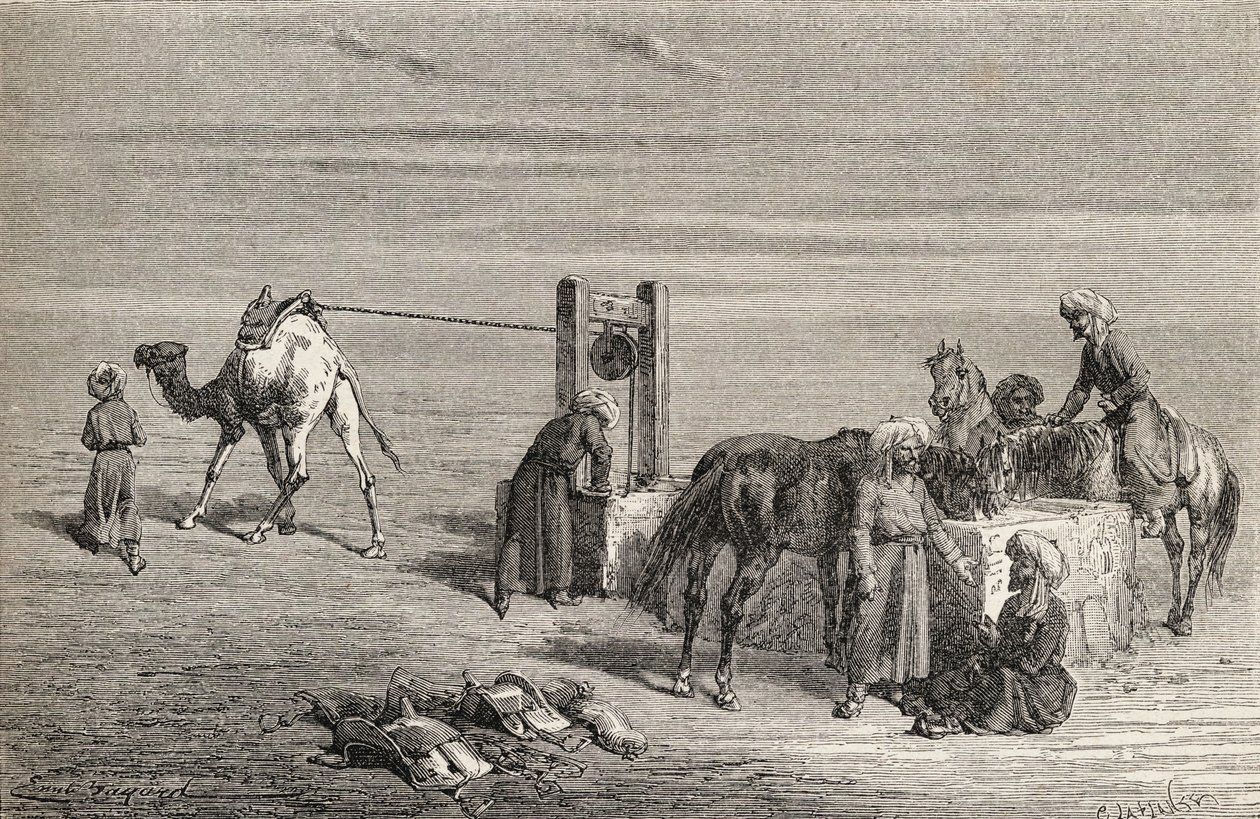 Kaivo autiomaassa Samarkandin ja Karshin välillä Uzbekistanissa, kuvitus teoksesta "Maailma käsissä", kaiverrus Charles Laplante (k.1903), julkaistu 1878 tekijältä Emile Antoine Bayard