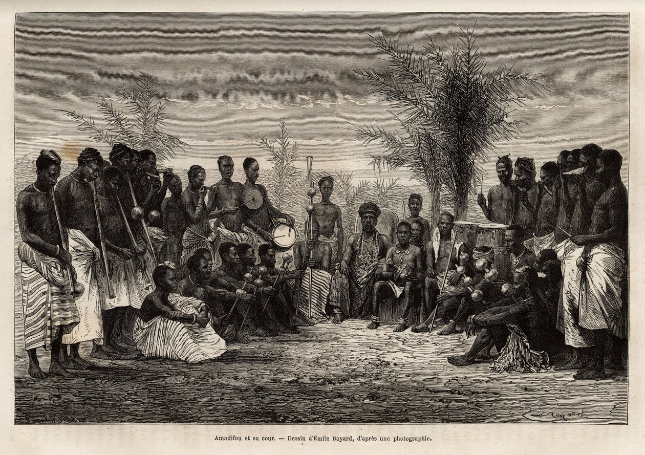Amadifou, Assinien kuningas (Comptoir francais de Norsunluurannikko) ympäröi hoviaan ja muusikoitaan, noin 1868, kaiverrus Emile Bayardin piirustuksen mukaan, joka kuvaa varaamiraali Fleuriot
