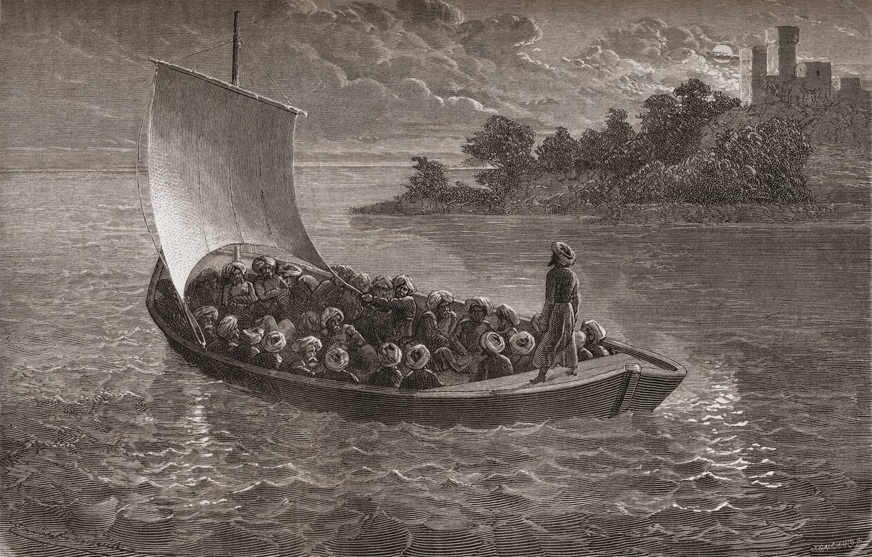 Arminio Vambery ja hänen seuralaisensa purjehtimassa Kaspianmerellä vuonna 1863, kuvitus teoksesta "The World in the Hands", Gauchardin kaiverrus, julkaistu 1878. tekijältä Emile Antoine Bayard