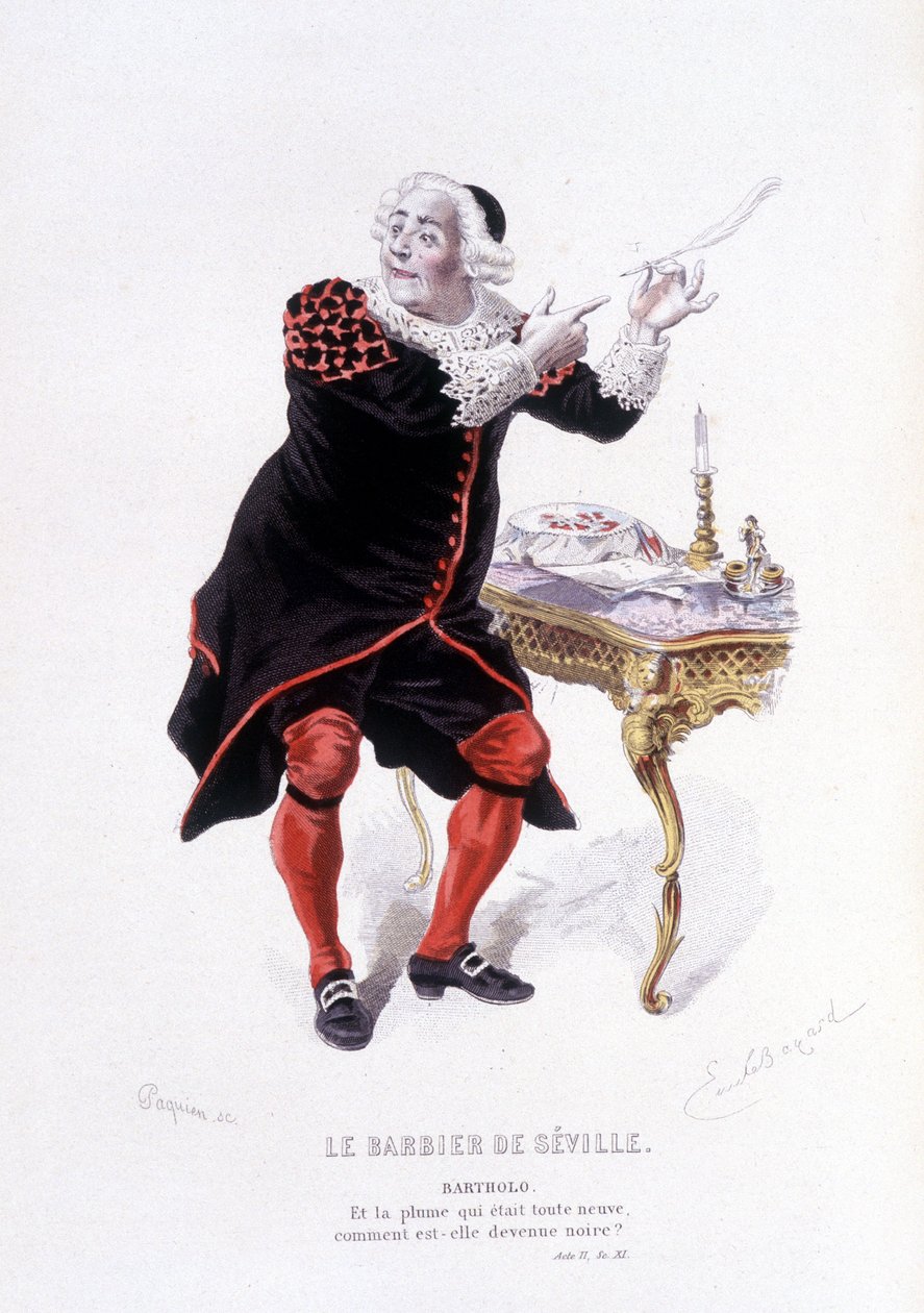 Bartholo Sevillan parturissa Ovre complet de Beaumarchaisissa (1732-1799), Edouard Fournier, toim. Laplace, Sanchez et Cie, Pariisi 1876 (kaiverrus) Here Bartholo teoksessa The Sevillan parturi tekijältä Emile Antoine Bayard