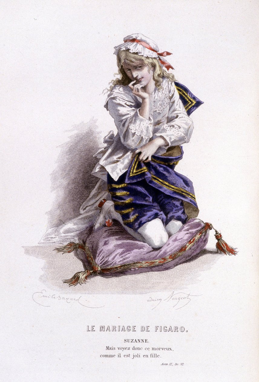 Edouard Fournierin Beaumarchaisin (1732-1799) täydellinen teos. piirustus Emile Bayard. Ed. Laplace, Sanchez et Cie, Pariisi 1876. Tämä on Suzanne elokuvassa "Figaron häät" tekijältä Emile Antoine Bayard