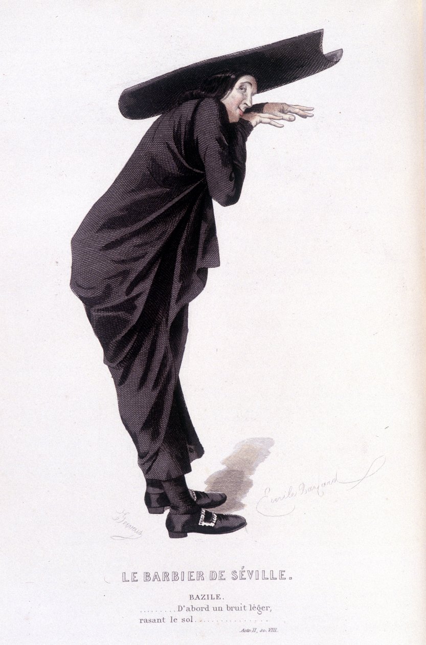 Edouard Fournierin Beaumarchaisin (1732-1799) täydellinen teos. piirustus Emile Bayard. Ed. Laplace, Sanchez et Cie, Pariisi 1876. Tämä on Bazile elokuvassa "Sevillan parturi" tekijältä Emile Antoine Bayard