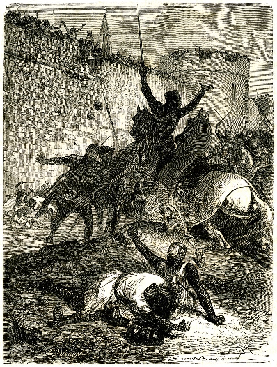 Ristiretki Albigeoisia vastaan - Toulousen piiritys, 25. kesäkuuta 1218. Simon de Montfortin veli on juuri haavoittunut nuolesta, Simon de Montfort itse aikoo tappaa katapulttipallon, sanotaan, että yksi naisista Toulousesta kuka on tekijältä Emile Antoine Bayard