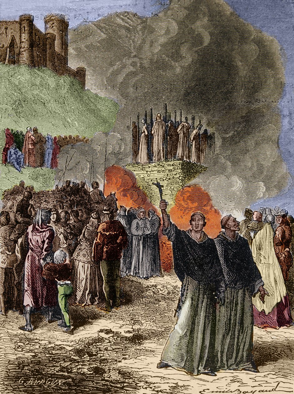 Ristiretki Albigeoisia vastaan - Montsegurin (Catharen) viimeiset puolustajat poltettiin teurastajalle vuonna 1244 - Emile Bayardin kaiverrus G. Burgunin mukaan tekijältä Emile Antoine Bayard