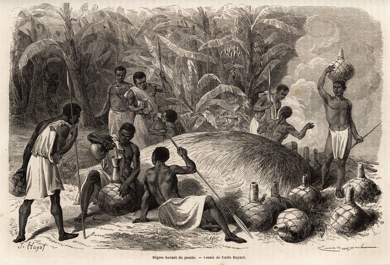 Pomben (käymisen avulla valmistettu alkoholijuoma) degustaatio Karaguessa (Victoria-järven länsipuolella, nykyisessä Zimbabwessa), Emile Bayardin (1837-1891) piirros, joka kuvaa kapteeni Speken löytömatkaa Afrikassa vuosina 1860-1863. Kaiverrus sisään tekijältä Emile Antoine Bayard