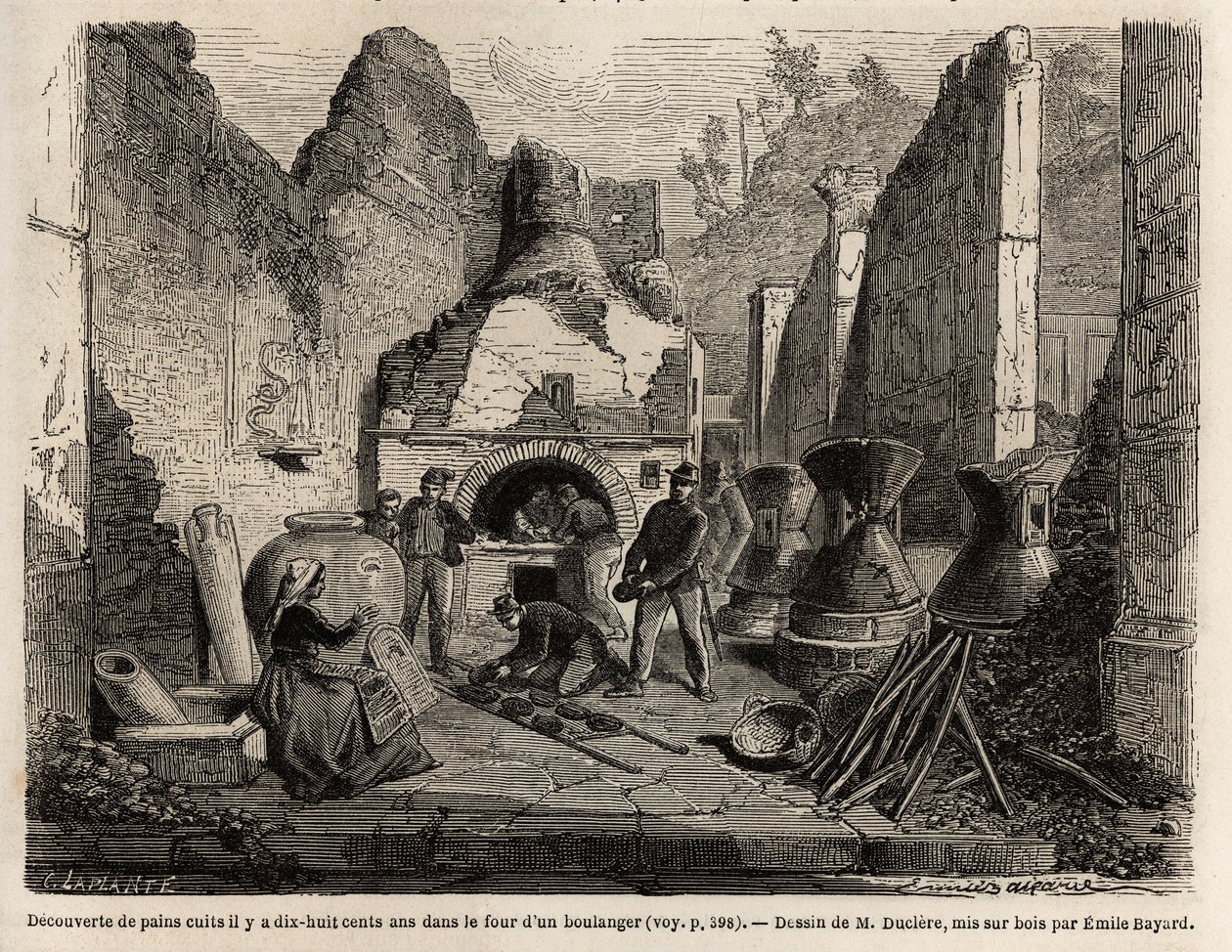 Löytyi leipomouunista ja säilötty leipä tuhkassa vuonna 1864 Pompejin kaivauksissa, Emile Bayardin (1837-1891) piirustus havainnollistamaan Marc Monnierin (1829-1885) tekstiä "" Pompei ja pompeilaiset"". Kaiverrus kirjassa "" Le tour du monde"", toimittanu tekijältä Emile Antoine Bayard