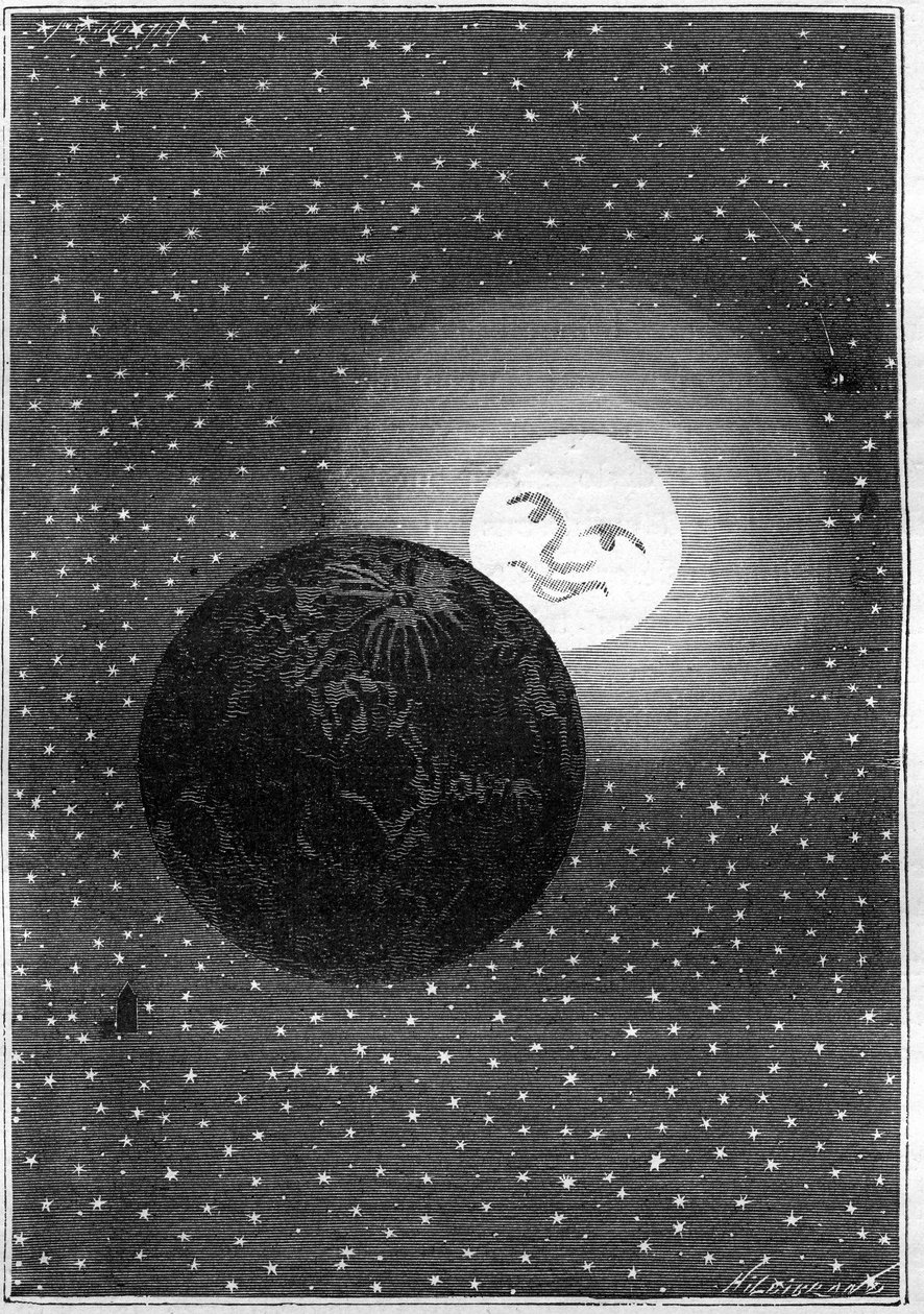 Kaiverrus (Emile Bayard) Jules Vernen kirjasta "" Around the Moon"" (Hetzel-painos / Voyages extraordinaire 1870): Maa kulkee kuun ohi tekijältä Emile Antoine Bayard