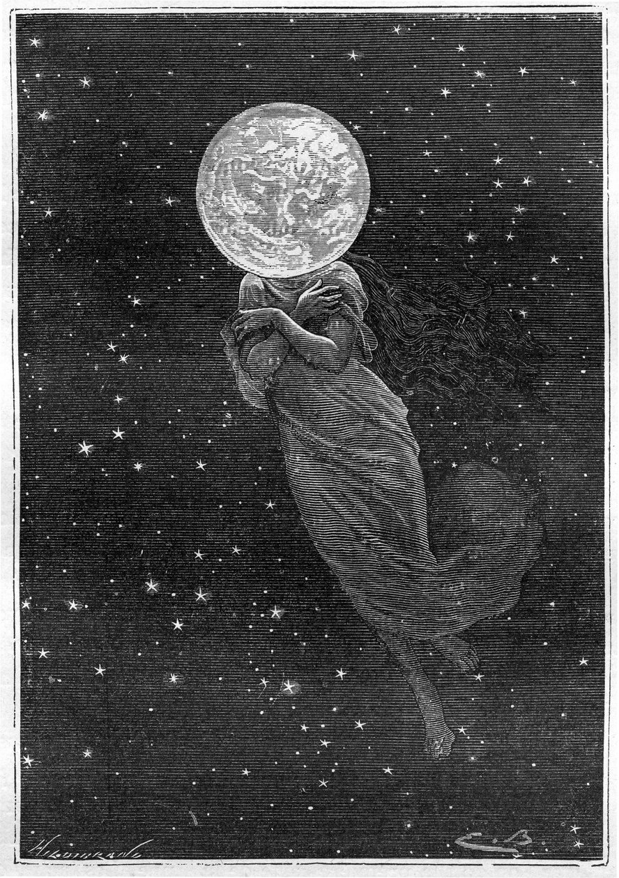 Kaiverrus (Emile Bayard) Jules Vernen kirjasta "" Around the Moon"" (Hetzel-painos/Voyages extraordinaire 1870): kuvaus kuusta piirrettynä nuoren naisen ruumiilla (teksti J. Verne): ""... täytettynä pinta, säröillä, todellinen skimmeri, u:n arvoinen tekijältä Emile Antoine Bayard
