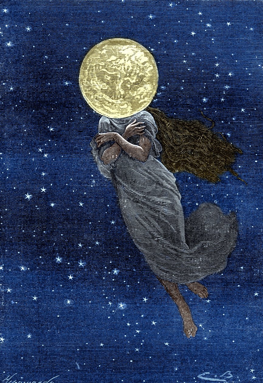 Kaiverrus (Emile Bayard) Jules Vernen kirjasta "" Around the Moon"" (Hetzel-painos/Voyages extraordinaire 1870): Kuvaus kuusta, joka on piirretty nuoren naisen ruumiilla (teksti J. Verne): ""... täytetty pinta, säröillä, todellinen skimmeri, u:n arvoinen tekijältä Emile Antoine Bayard