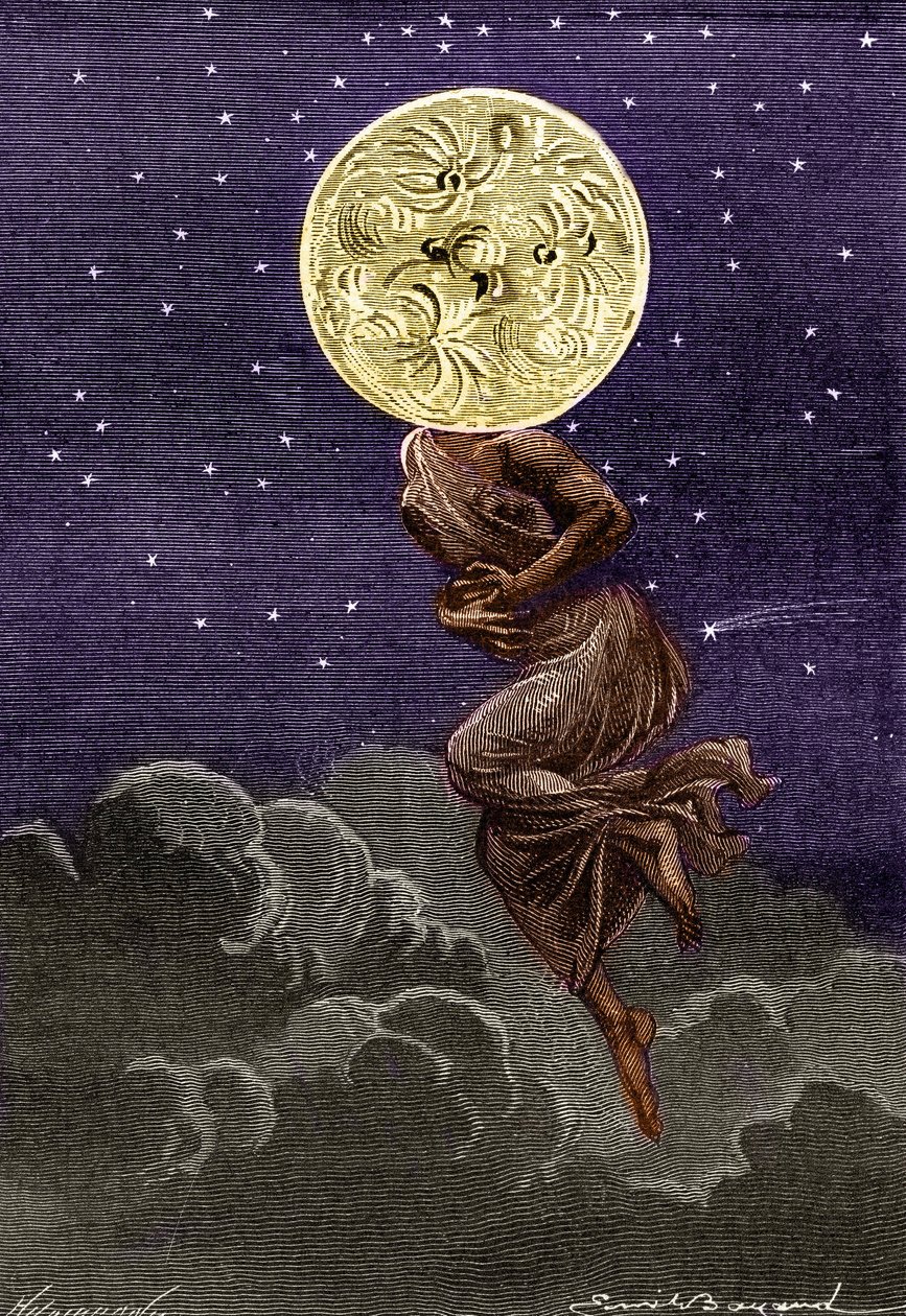 Kaiverrus (Emile Bayard) Jules Vernen kirjasta ”” Around the Moon”” (Hetzel-painos/Voyages extraordinaire 1870): kuu, joka personoituu nuoren naisen vartalolla... kärsii koliikista! tekijältä Emile Antoine Bayard