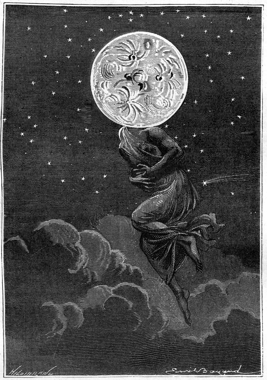 Kaiverrus (Emile Bayard) Jules Vernen kirjasta Around the Moon (Hetzel-painos/Voyages extraordinaire 1870): "" kuu personoitui nuoren naisen ruumiilla... kärsii koliikkista! "" tekijältä Emile Antoine Bayard