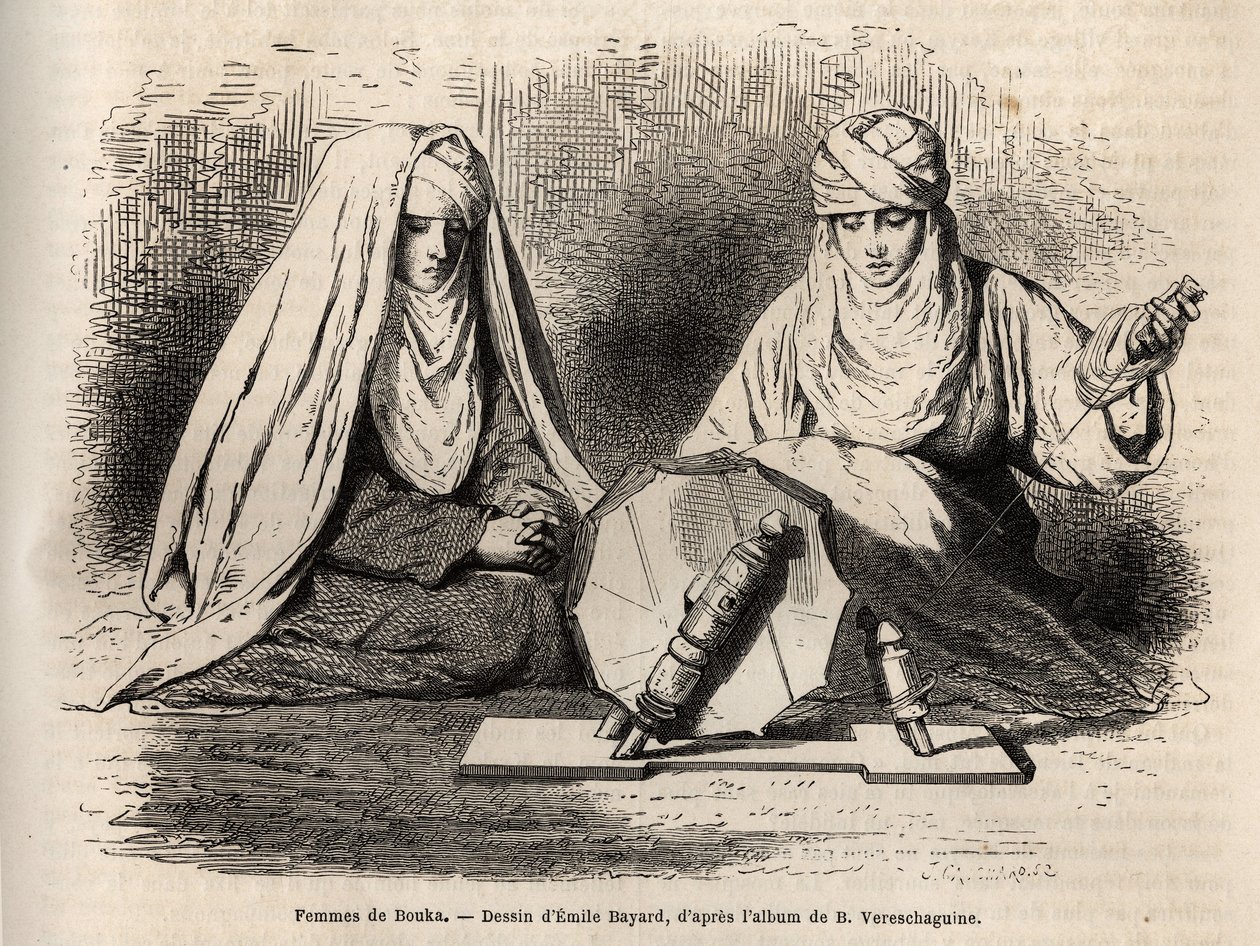 Femmes de Boukhara (Uzbekistan), työstää työtään kehrätäkseen, kaiverrus Emile Bayardin piirustuksen mukaan havainnollistaakseen Basile Vereschaguinen matkaa Keski-Aasiaan vuosina 1867-1868, julkaistiin "" Le tour du monde"" 1873, toimittanut Edouard Chart tekijältä Emile Antoine Bayard