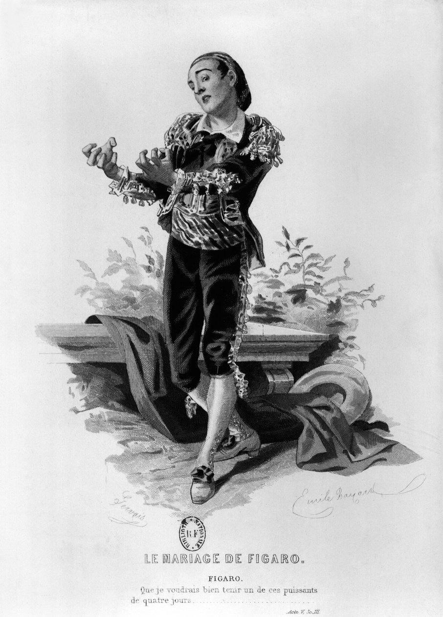 Figaro, kuva Pierre Augustin Caron de Beaumarchaisin (1732–1799) "Figaron häät" jaksosta 3, Eugene Gervaisin (1800-luvulla) kaiverrus tekijältä Emile Antoine Bayard