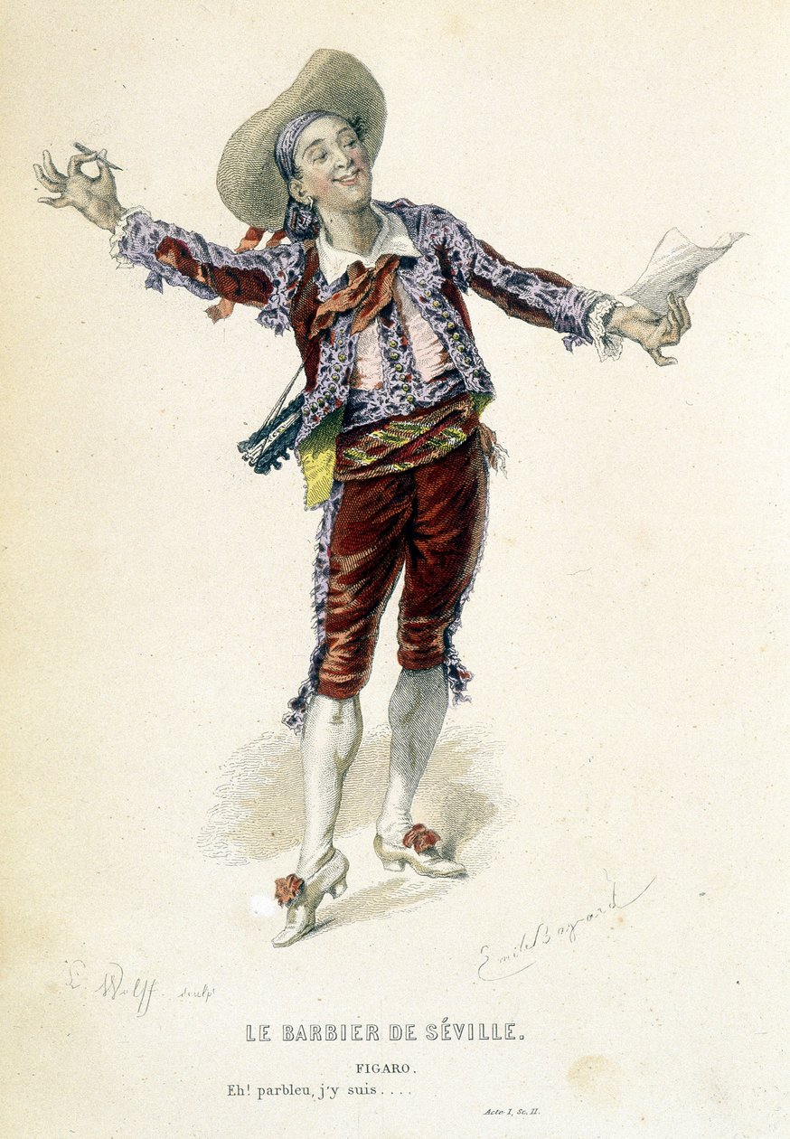 Figaro elokuvassa "Sevillan parturi" teoksessa "Oeuvres completes de Beaumarchais", toim. Laplace Sanchez & cie, Pariisi tekijältä Emile Antoine Bayard