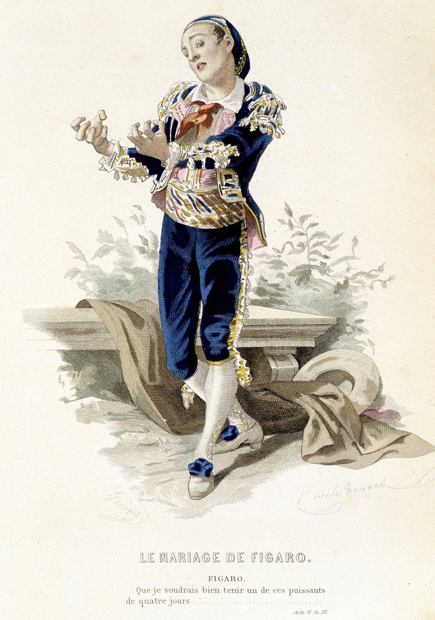 Figaro teoksessa "" The Marriage of Figaro"" - teoksessa "" Complete Works of Beaumarchais"", piirustukset Emile Bayard, toim. Laplace Sanchez & cie, Pariisi tekijältä Emile Antoine Bayard