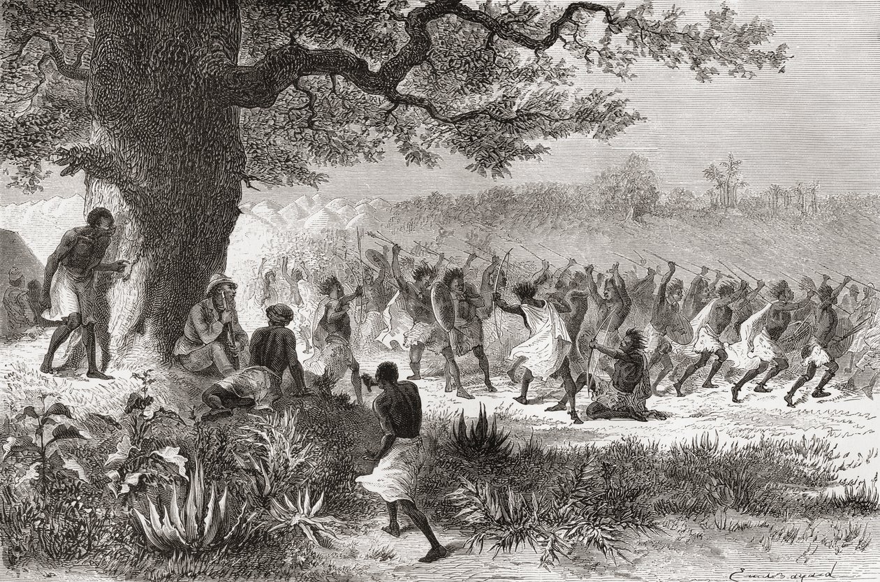 Henry Morton Stanley katselee Vouagogos-heimon valmistautumista taisteluun hänen tutkimusmatkansa aikana vuonna 1871, kuvitus teoksesta "The World in the Hands", julkaistu 1878 tekijältä Emile Antoine Bayard
