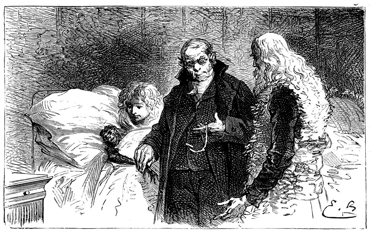 Emile Bayardin kuvitus Hector Malotin romaanille "" Sans Famille ": Joli-Coeur (kaunis sydän), sairaan tiedeapinan tutkitaan lääkärin toimesta (lääkärin auskultti, joka ottaa häneltä kanan) Remin ja Monsieur Vitalis - Hetze tekijältä Emile Antoine Bayard