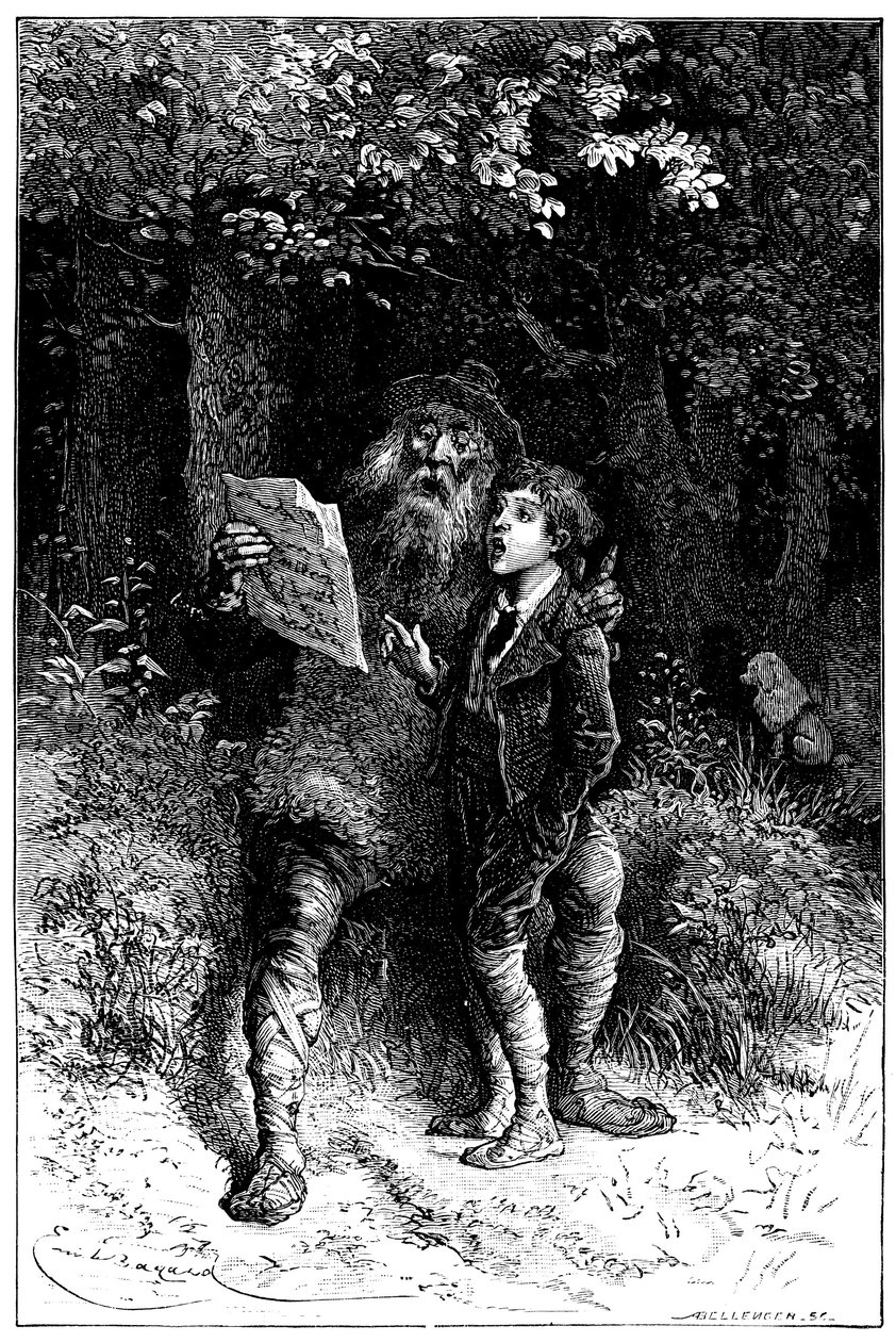 Emile Bayardin kuvitus Hector Malotin romaanille "" Sans Famille "": Remi laulaa monsieur Vitalisin kanssa, matkustava taiteilija - katumuusikko, saltimbank - Edition Hetzel 1880 - tekijältä Emile Antoine Bayard