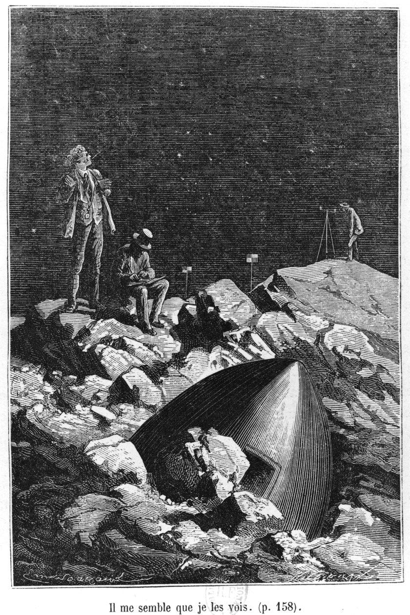 Kuvitus Jules Vernen (1828-1905) teoksesta "Maasta kuuhun" Paris, Hetzel, julkaistu vuonna 1865 tekijältä Emile Antoine Bayard