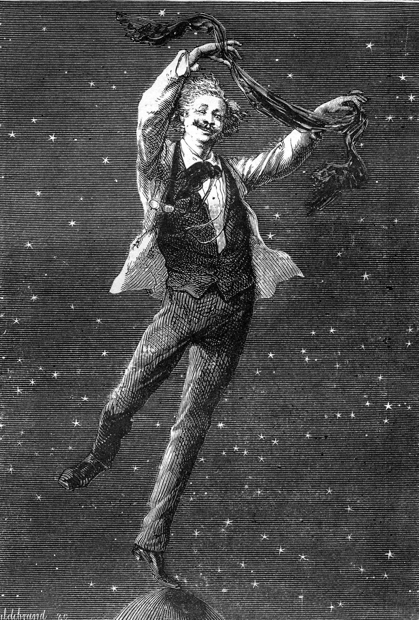 Kuvitus Jules Vernen romaanista "Around the Moon", piirustus Emile Bayard, Hetzel-painos / Voyages extraordinaire 1870. Tämä kuva korostaa Jules Vernen kahden romaanin "Kuu" ja T:n kahden albumin välistä inspiraation suhdetta. tekijältä Emile Antoine Bayard