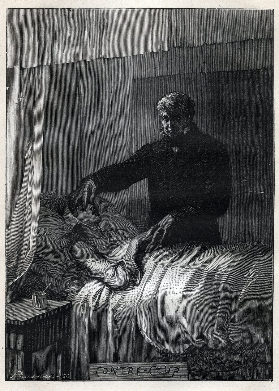 Jean Valjean sulkee kuolleen Fantinen silmät - Emile Bayardin (1837-1891) kuvitus Victor Hugon (1802-1885) "The Miserables - First Part: Fantine" -sarjaan 1862 tekijältä Emile Antoine Bayard