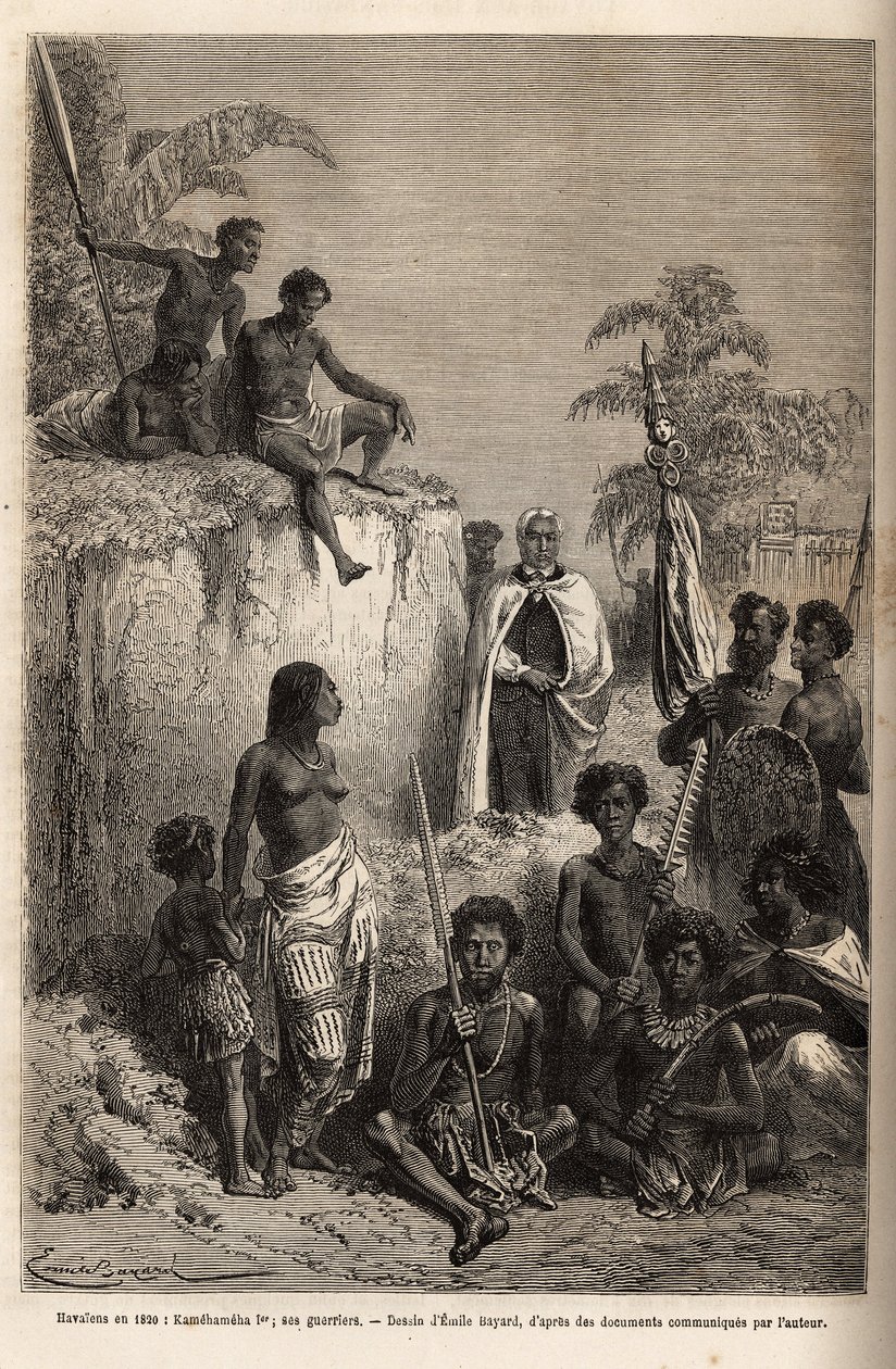 Kamehameha I (n. 1758-1819), Havaijin saarten kuningas ja yksikön perustaja, piiritti havaijilaisia sotureita ja joitain aiheita Honolulussa kaiverruksella Emile Bayardin piirustuksen mukaan, joka havainnollistaa matkaa Sandwichsaarille vuosina 1855-69 , k tekijältä Emile Antoine Bayard