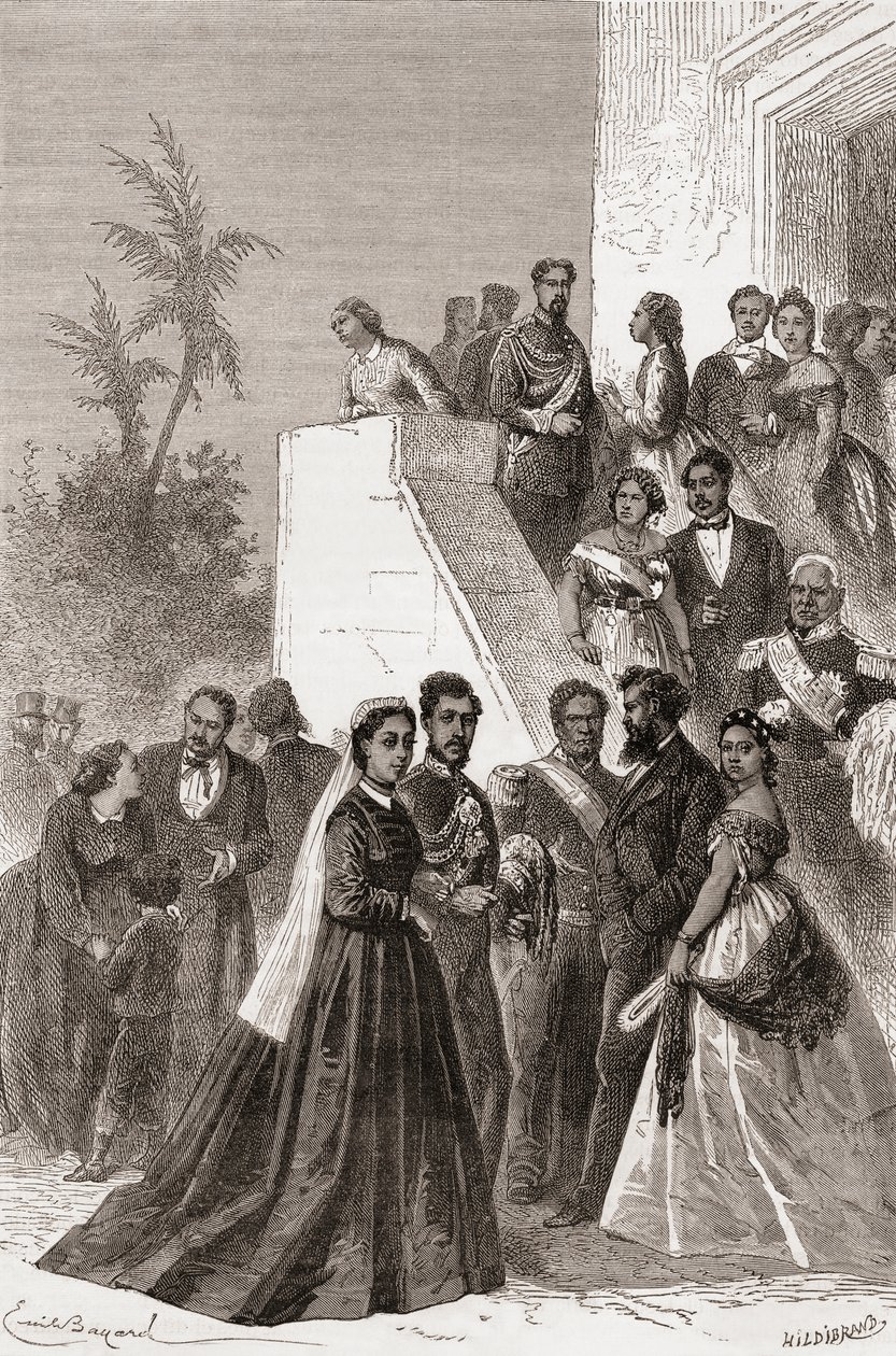 Kamehameha V, keskellä, perheensä kanssa, kuvitus teoksesta "Maailma käsissä", kaivertanut Henri Theophile Hildibrand (1824-97), julkaistu 1878 tekijältä Emile Antoine Bayard