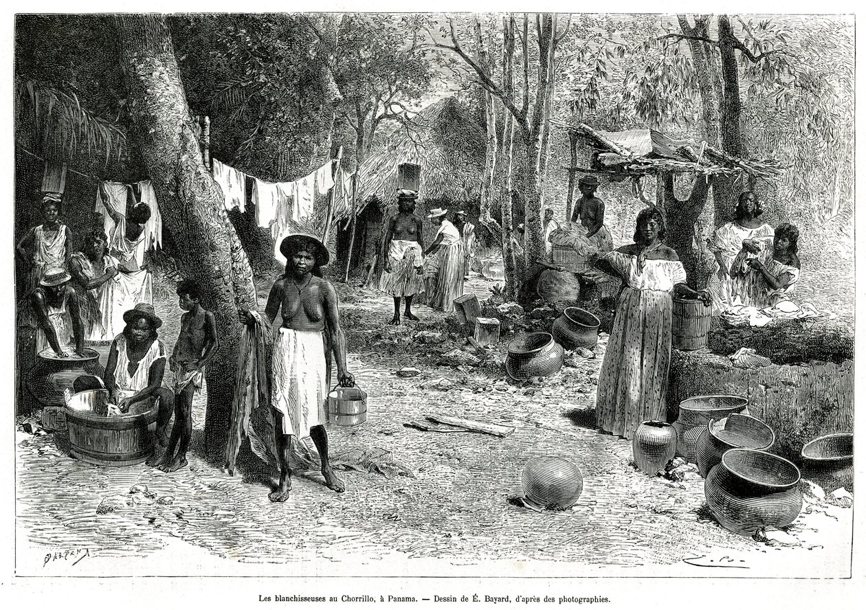 Les blanchisseuses au Chorillo, Panama, kaiverrus E. Bayardin piirustuksen jälkeen havainnollistaakseen tour du mondessa julkaistua tarinaa Exploration at Panama and Darien, laivan luutnantti A. Reclus, vuosina 1876-1878, ohjauksen alla tekijältä Emile Antoine Bayard