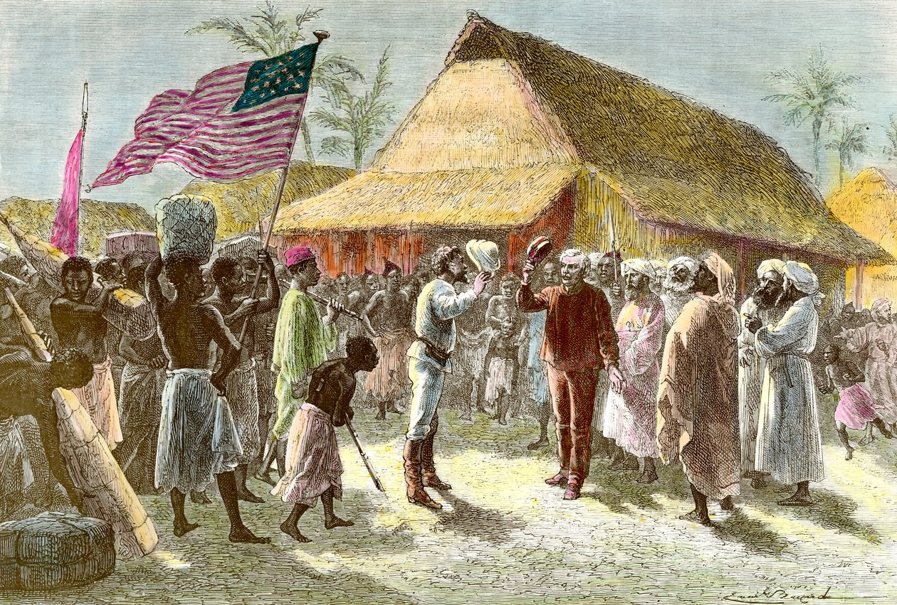 Walesilaisen räjäyttäjän ja toimittajan Henry Mortonin (1841-1904) ja skotlantilaisen Afrikan mantereen tutkimusmatkailijan David Livingstonen (1813-1873) tapaaminen Ujijissa Tanganyika-järven rannalla 10. marraskuuta. tekijältä Emile Antoine Bayard