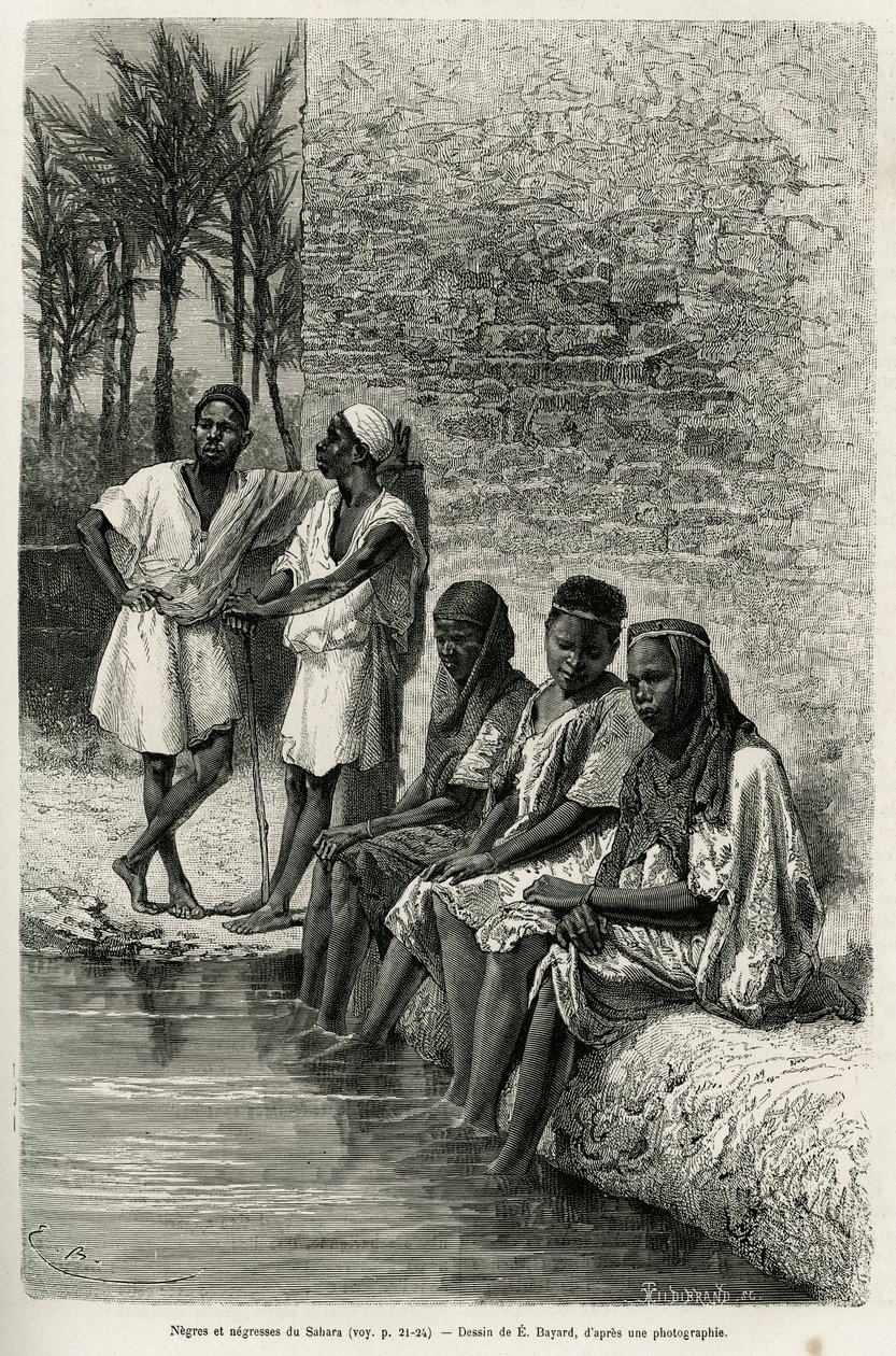 Saharan negret ja negret, Oued Rihrin rannoilla. E. Bayardin kaiverrus havainnollistamaan Algerian Saharaa, V. Largeau, vuosina 1874-1878, julkaistu Tour du mondessa, Edouard Chartonin (1807-1890) johdolla tekijältä Emile Antoine Bayard