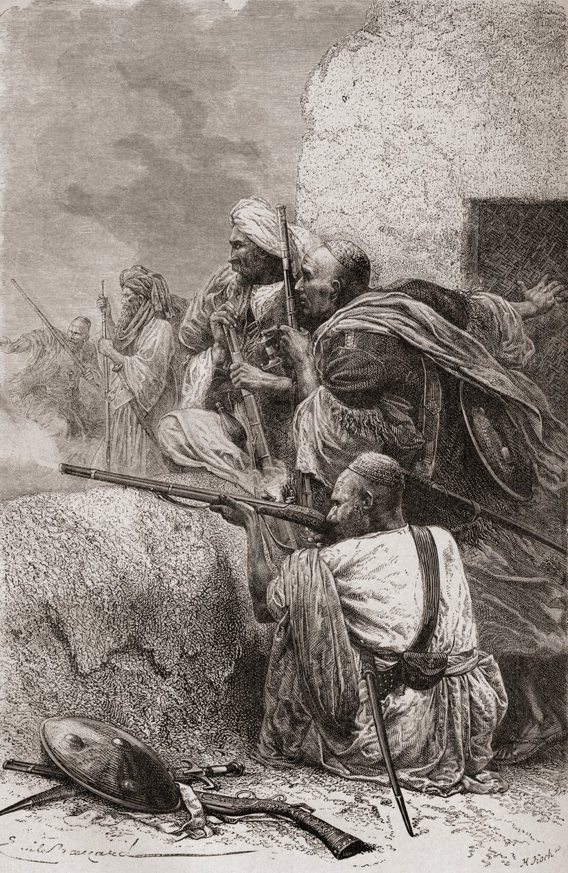 Pohjois-Afganistanilaiset kapinalliset taistelevat brittejä vastaan Hazaran vuoristossa Pakistanissa brittivallan aikana, 1878 tekijältä Emile Antoine Bayard