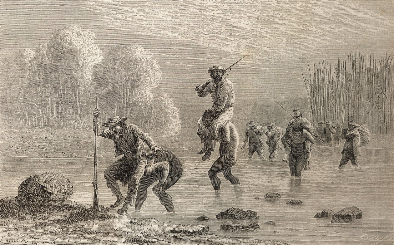 Chuncho-intiaanit kantoivat Paul Marcoyta ja hänen retkikuntaansa Argentiinan suon yli vuonna 1874, kuvitus teoksesta "The World in the Hands", julkaistu 1878 tekijältä Emile Antoine Bayard