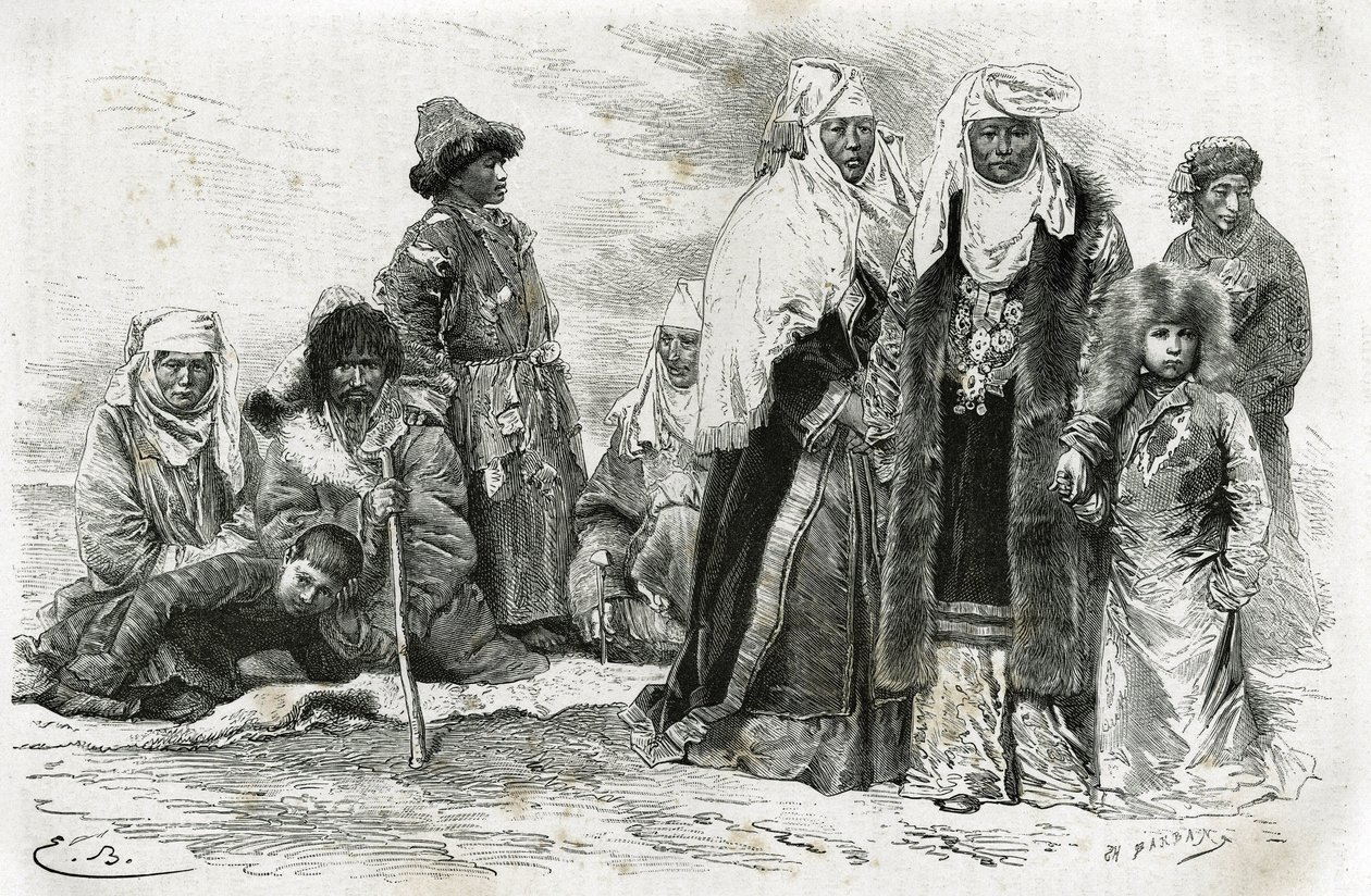 Köyhät ja rikkaat kirgisianaiset. Kaiverrus Emile Bayard, havainnollistaa matkavaikutelmia Orenburgista Samarkandiin, Marie de Ujfalvy-Bourdon, vuosina 1876-1878, Tour du monde, ohjaaja Edouard Charton tekijältä Emile Antoine Bayard