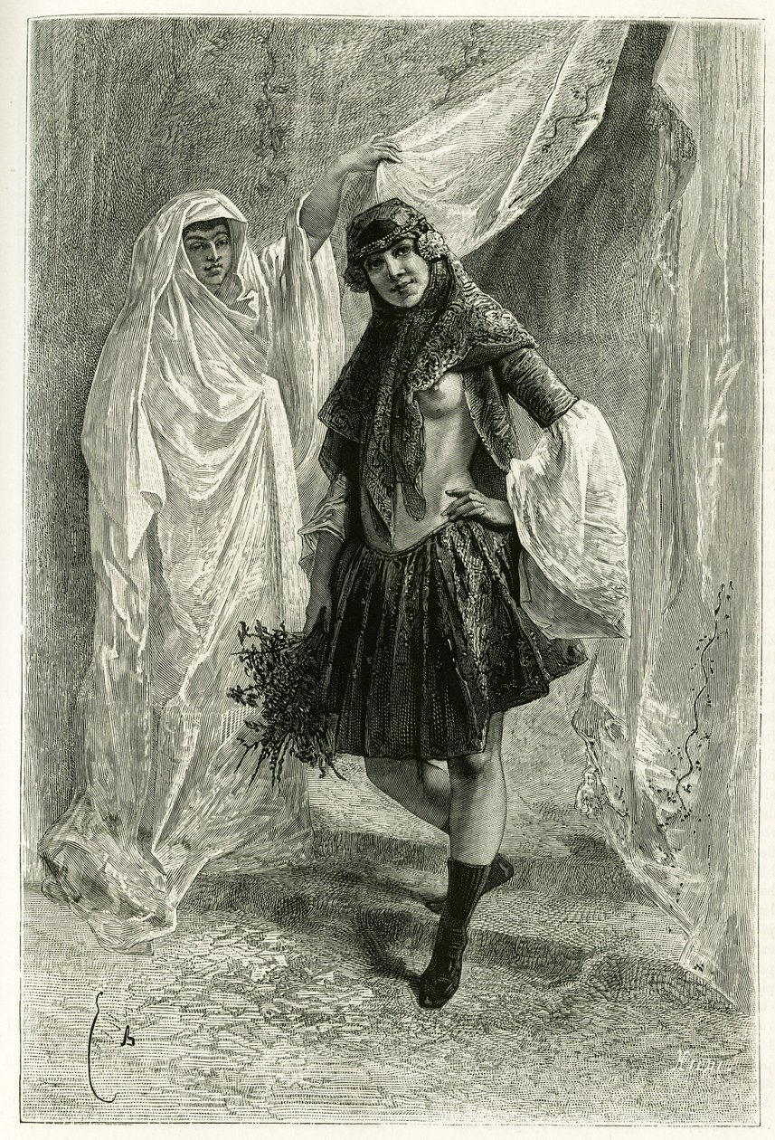 Persian prinsessan Ziba Khanoumin muotokuva. E. Bayardin kaiverrus valokuvan jälkeen havainnollistamaan Jane Dieulafoyn (s. Magre) tarinaa "Persia, Chaldee ja Susiane" vuosina 1881-1882 tekijältä Emile Antoine Bayard