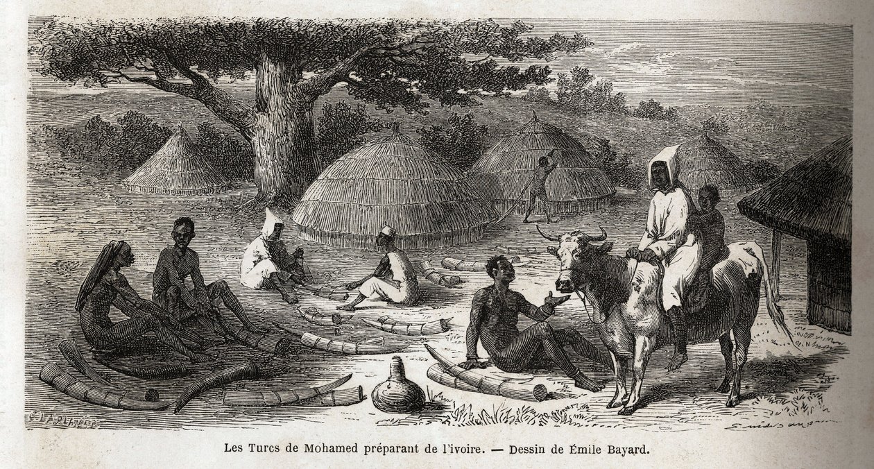 Norsunluuvalmistelu turkkilaiselle kauppiaalle, Uganda, Emile Bayardin (1837-1891) piirros, joka havainnollistaa kapteeni Speken löytömatkaa Afrikassa vuosina 1860-1863. Kaiverrus kirjaan "" Le tour du monde", toimittanut Edouard Charton tekijältä Emile Antoine Bayard