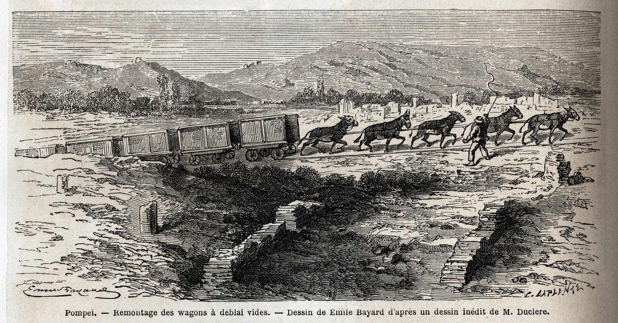 Tyhjien vaunujen kokoaminen vuoden 1864 kaivausten aikana Pompejissa, Emile Bayardin (1837-1891) piirustus havainnollistamaan Marc Monnierin (1829-1885) tekstiä "" Pompei ja pompeilaiset"". Kaiverrus kirjassa "" Le tour du monde", toimittanut Edouard Chart tekijältä Emile Antoine Bayard