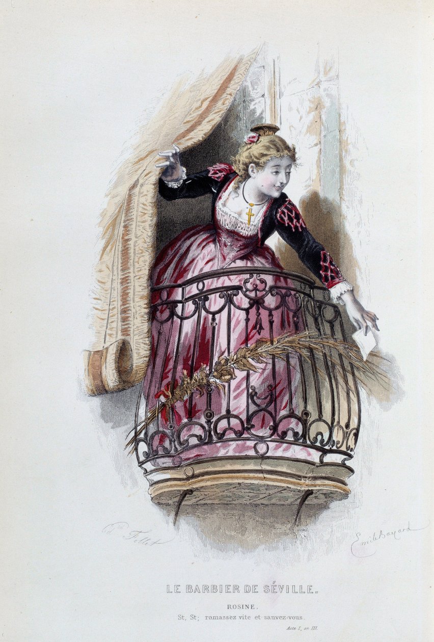 Rosine Pierre Augustin Caron de Beaumarchaisin (1732-1799) "Sevillan parturi", Emile Bayardin (1837-1891) piirustukset tekijältä Emile Antoine Bayard