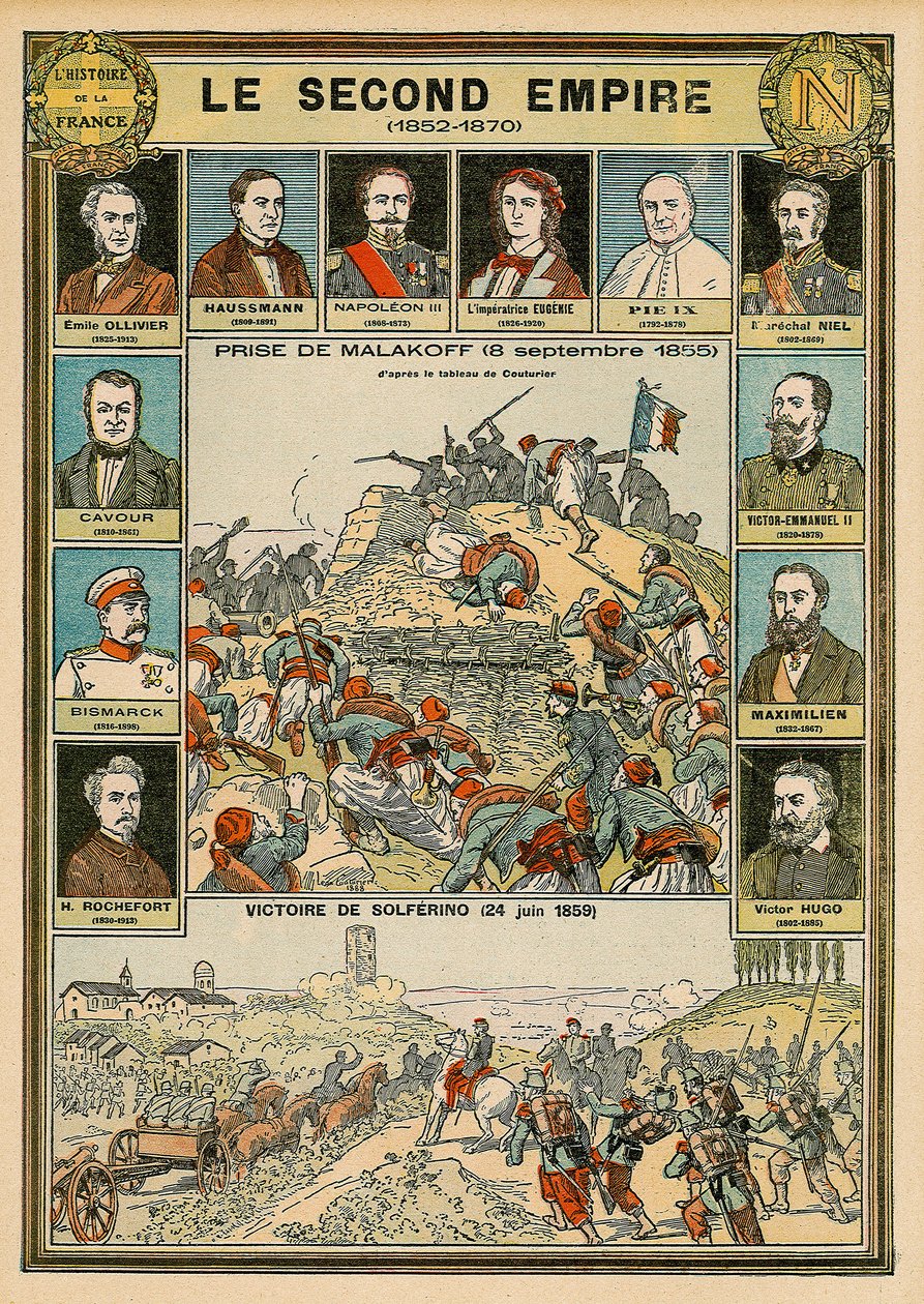 Toinen imperiumi 1852-1870 - Malakofin vangitseminen 8. syyskuuta 1855 - Solferinon voitto 24. kesäkuuta 1859 - Emile Ollivier, Baron Haussmann, Napoleon III, keisari Eugenia, paavi Pius 9, Marechal Niel, Victor Emmanuel (Victor Emmanuel (Victor Emmanuel)  tekijältä Emile Antoine Bayard