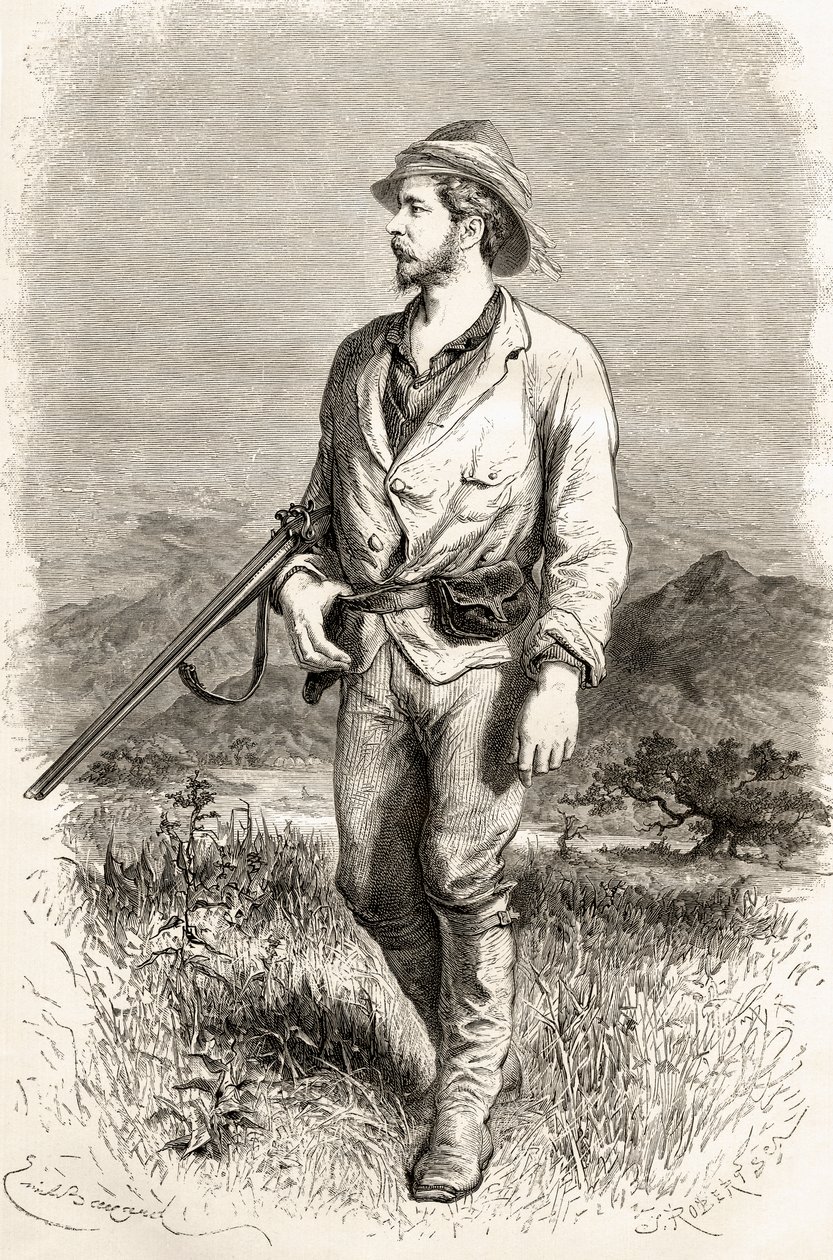 Sir Henry Morton Stanley, kuvitus teoksesta "The World in the Hands", J. Robertin kaivertama, julkaistu 1878 tekijältä Emile Antoine Bayard