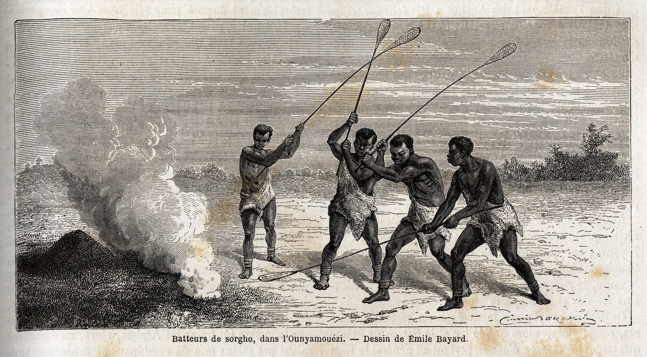 Durrarumpalit, ounyamouezissa (Suurten järvien alueella, Afrikka), Emile Bayardin (1837-1891) piirros kuvaa kapteeni Speken löytömatkaa Afrikassa vuosina 1860-1863. Kaiverrus kirjaan "" Le tour du monde", toimittanut Edouard Charton tekijältä Emile Antoine Bayard