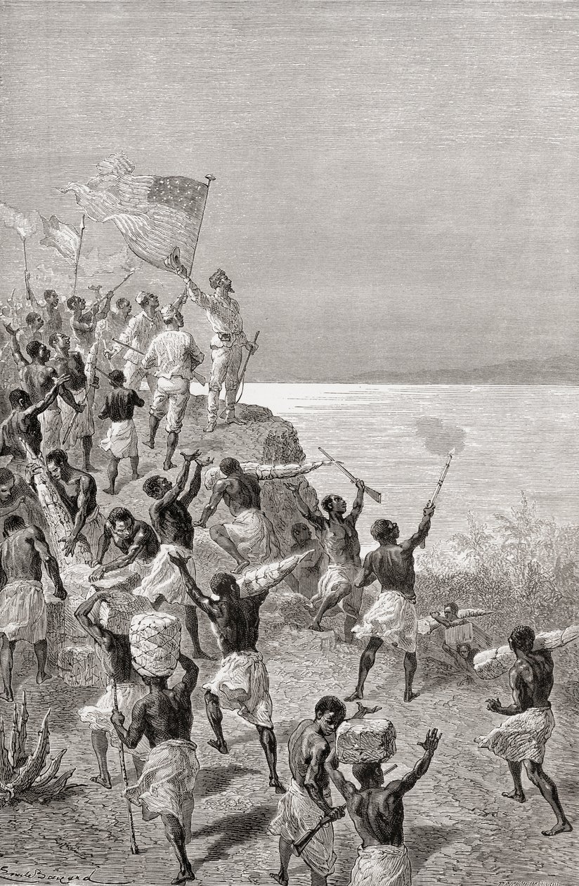 Stanley ja hänen tutkimusmatkansa ensimmäinen havainto Tanganyikasta Itä-Afrikassa vuonna 1872, kuvitus teoksesta "The World in the Hands", julkaistu 1878 tekijältä Emile Antoine Bayard