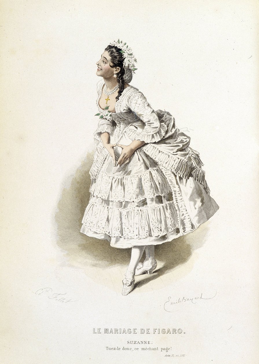 Suzanne teoksessa "" The Marriage of Figaro"" - teoksessa "" Complete Works of Beaumarchais"", Emile Bayardin piirustukset, toim. Laplace Sanchez & cie, Pariisi tekijältä Emile Antoine Bayard