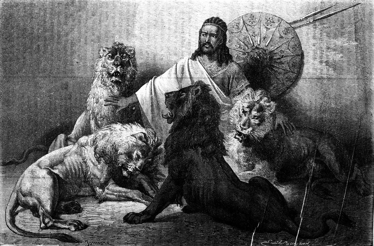 Abessinian keisari (ras) Theodoros leijonien ympäröimänä. kaiverrus 1800-luvun puolivälistä. Kuvitus Emile Bayard. tekijältä Emile Antoine Bayard