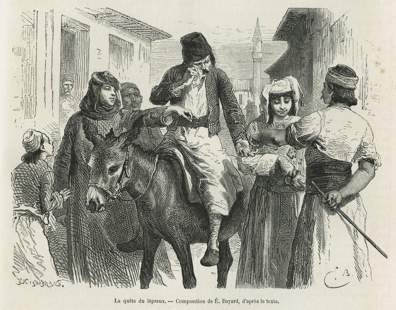 Leproux Quest in Chio, piirros Emile Bayard, havainnollistamaan tarinaa "Chion saari" (Itä-Turkki), vuonna 1877, tohtori A.Testevuide. Kaiverrus kirjassa Le tour du monde tekijältä Emile Antoine Bayard