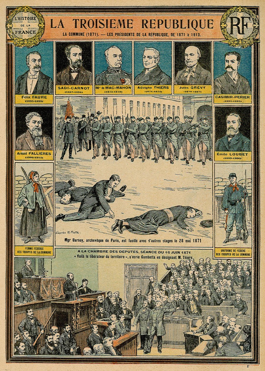 Kolmas tasavalta ja sen presidentit vuosina 1871-1913 - Kommuuni 1871 - Monsignor Darbois, Pariisin arkisto, teloitettiin, ammuttiin muiden panttivankien kanssa 28. toukokuuta 1871 - istunnossa 16. kesäkuuta 1871 edustajainhuoneessa: "Tässä on vapauttaja tekijältä Emile Antoine Bayard