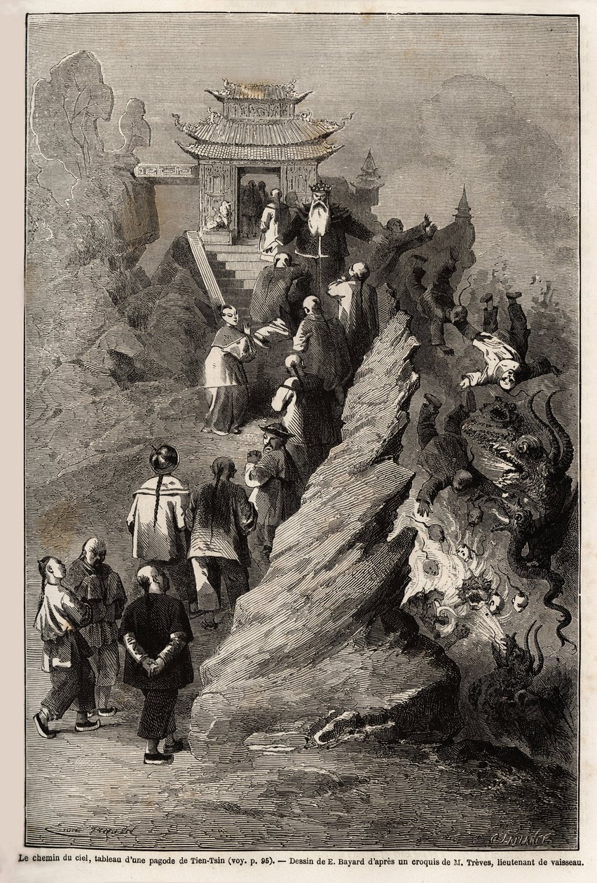 Taivaan tie, E. Bayardin piirustus, joka perustuu maalaukseen pagodista Tien Tsiniin, havainnollistaen matkaa Shanghaista Moskovaan vuosina 1859-1862, M.de Bourboulonin, Ranskan Kiinan ministerin, piirustus. Kaiverrus kirjassa "" Le tour du monde", toimitt tekijältä Emile Antoine Bayard