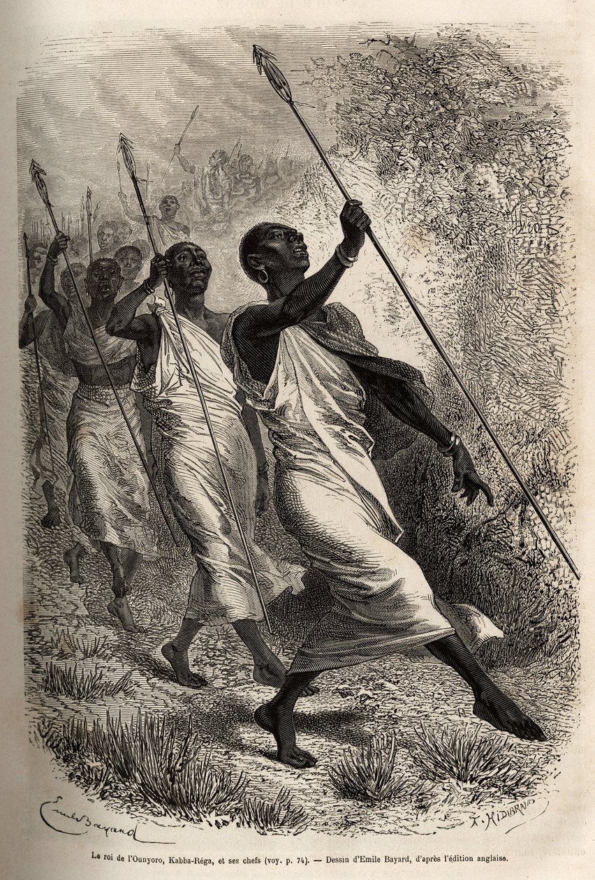 Ounyoron (Itä-Sudan) kuninkaan Kabba Regan ja hänen hovipäälliköidensä saapuminen Sir Bakerin leiriin viralliselle vierailulle, joka on kaiverrettu Emile Bayardin piirustuksen jälkeen, joka havainnollistaa retkikuntaa Keski-Afrikassa, jonka tarkoituksena o tekijältä Emile Antoine Bayard